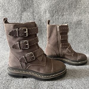 Vince Camuto Bobette Moto Combat Boots Studs Rhinestone Triple Buckle 8M Pewter